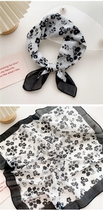 Detail of floral cotton linen square scarf with vintage black and white print
