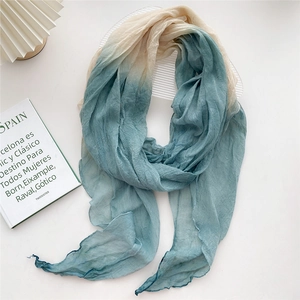 Elegant gradient linen cotton long scarf in cream to lake blue with pleated texture