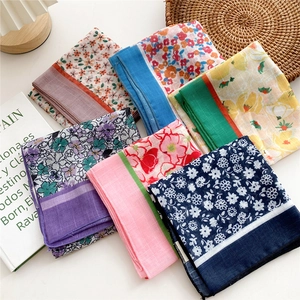 Assorted vintage floral cotton linen neck scarves in a fan-shaped stylish arrangement