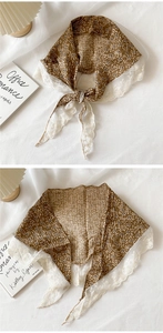 Detail of vintage brown floral cotton linen triangle scarf with white lace trim edges