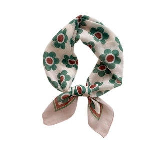 Retro floral cotton linen neck scarf for women with green flower patterns and red borders