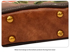 Detailed macro view of the handbag bottom featuring gold metal studs and white stitching