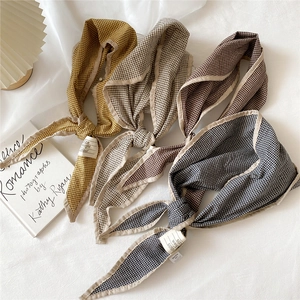 Chic linen-cotton plaid skinny scarves in four colors with minimalist aesthetic labels