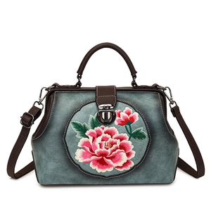 Vintage Boston Bag PU Leather Peony Embroidery Chinese Style Crossbody Handbag For Women Retro Elegant Doctor Bag