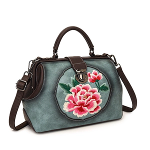 Blue-grey leather handbag with pink peony embroidery and vintage brown straps