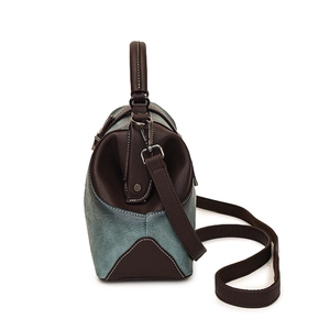 Retro cyan leather handbag with peony texture, brown handles and detachable shoulder strap