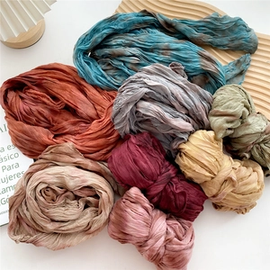 Long handmade tie-dye linen silk scarves for women with stylish pleated texture