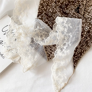 Brown floral scarf with vintage white lace edges and delicate daisy pattern embroidery