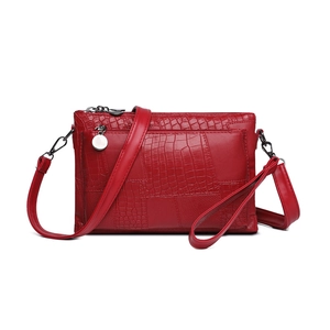 Red crocodile texture PU leather crossbody envelope bag with dual zippers and gold hardware
