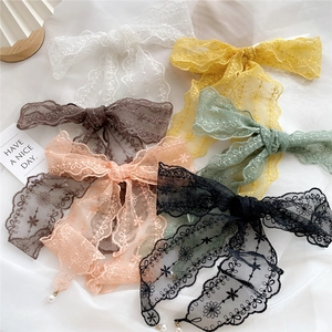 Long Lace Scarf Flower Embroidery Artificial Pearl Pendant Elegant Hair Ribbon Thin Solid Color Neck Wrap For Women