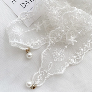 White lace scarf hair ribbon with floral embroidery and pearl pendants for women