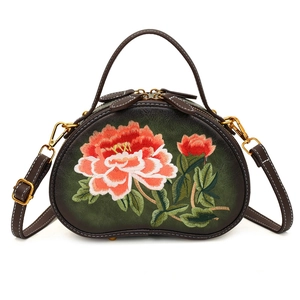 Retro Peony Flower Embroidery Round Handbag Women PU Leather Crossbody Bag Ethnic Style Top Handle Shoulder Purse Bag