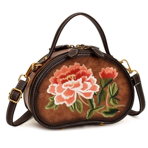 Retro dark brown crossbody bag with pink peony embroidery and contrast stitching