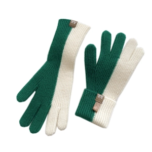 Winter split-color wool knit gloves in dark green and white with leather patch detail