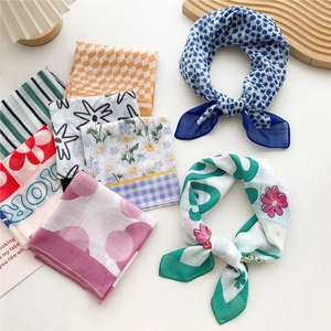 Chic cotton linen small square scarf with floral and geometric prints for women
