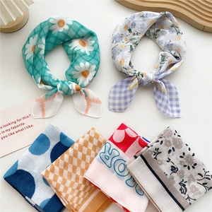 Set of six colorful cotton linen floral square neck scarves with trendy patterns