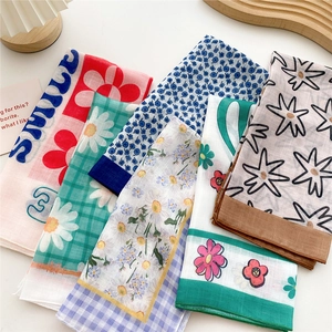 Assorted colorful cotton linen square scarves with floral and plaid patterns for women