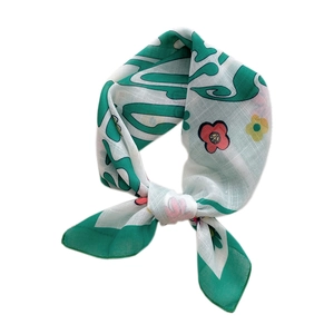 White cotton linen neck scarf with green abstract patterns and small pink floral prints