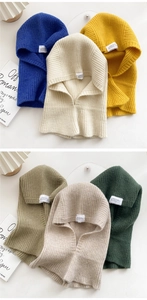 Vertical ribbed knit balaclava scarf hoods in six trendy colors with stylish woven labels