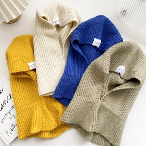 Knit Balaclava Hooded Scarf Thickened Ribbed Neck Warmer Winter Outdoor Warm Headgear For Women Men