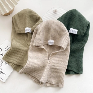 Knitted balaclava scarf hat set in khaki and beige with ribbed texture and woven label
