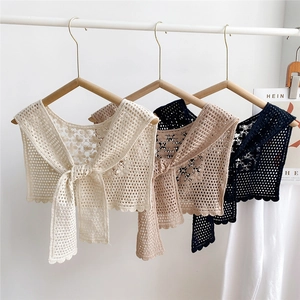 Crochet hollow out lace shawl collars in cream, khaki, and black with bow ties