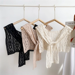 Women Hollow Crochet Shawl Fake Collar Cotton Lace Tie Front Summer Dress Shoulder Wrap French Vintage Boho Accessory