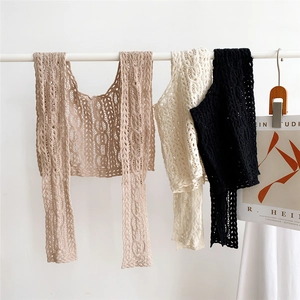 Lace hollow crochet knit vest shawl for women in khaki beige and black tones