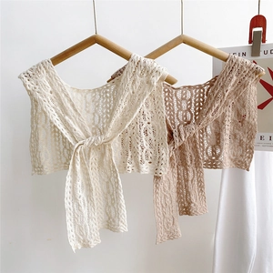 Crochet hollow lace shawl capelet in beige and light brown with tie-front detail