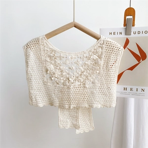 Detailed macro view of cream knitted hollow crochet lace shawl collar with floral patterns
