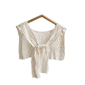 Beige crochet lace shawl for women with hollow out floral patterns and drawstring tie