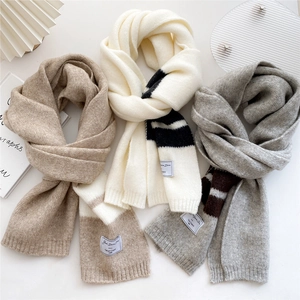 Minimalist striped knitted long scarf set in soft cashmere-like fabric with fashion label