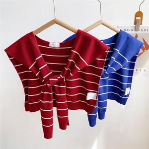 Stylish striped knit shawl shoulder wrap with tie knot for women in red and blue colors