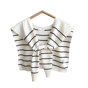 Classic black and white striped knit shawl wrap with tie-front knot for women