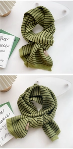 Close-up of green and black striped knit scarf featuring a brown leather brand patch