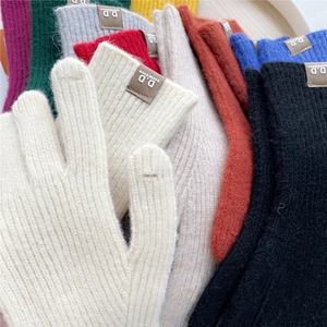 Multi-color knit wool gloves for winter with warm touch and stylish leather brand tags