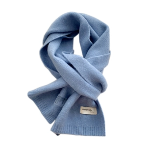 Solid blue knit scarf for women and men with handmade fashion tag and ribbed edges