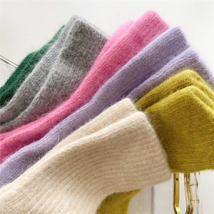 Set of thick plush knit socks in six colors including green, pink and purple for winter