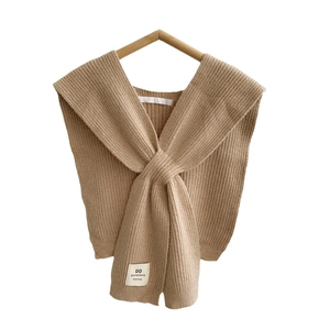 Chic camel knitted cross shawl scarf for women featuring premium ribbed texture and V-neck design