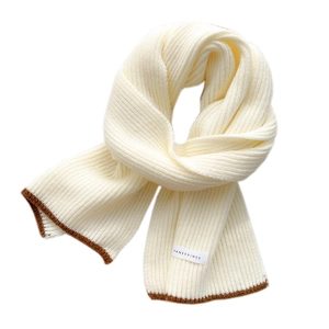 Two-tone ribbed knit scarf in cream and brown with brand label, cozy winter accessory