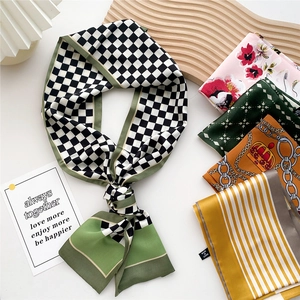 Elegant Narrow Long Scarf Women 100% Polyester Floral Checkerboard Pattern Hair Band Bag Wrap Neck Tie Fashion Accessories