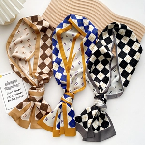 Three elegant long silk twilly scarves with checkerboard and R-letter patterns in assorted colors