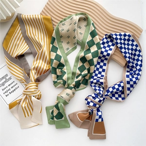 Three elegant long silk scarves in stripe and checkered patterns for hair or handbags