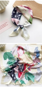Detailed views showing art style silk square scarf with abstract portrait and leaf print