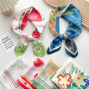 Square Scarf Women Satin Polyester Satin Like Floral Fruit Print Decorative Neck Tie Hair Band Headwrap Fashion Accessory