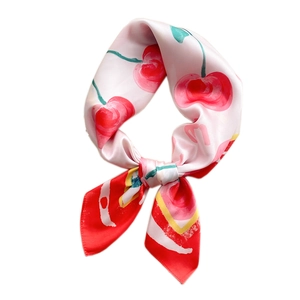 Pink cherry print square silk scarf for women styled in a chic necktie knot