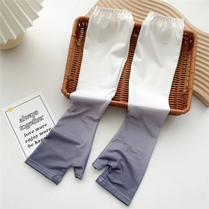 Detail of gradient ice silk sun protection sleeves with thumb hole and elastic cuff