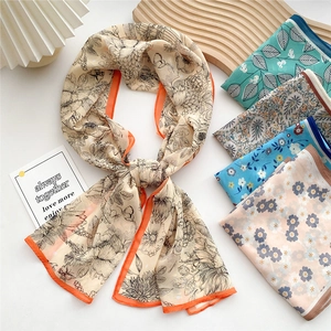Long Skinny Satin Scarf Women Floral Print Fashion Soft Thin Polyester Neck Decorative Hair Band Bag Accessory Ribbon