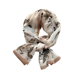 Elegant floral print long silk scarf in vintage beige and brown lightweight chiffon fabric