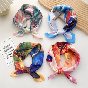 Damen Satinnimitat Satin Quadratisch Schal Halstuch Ölgemälde Blumendruck Mode Haar Kopf Handtasche Zubehör Berufsbekleidung